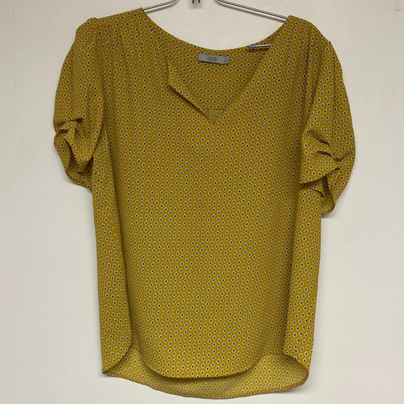 Dalia yellow with blue diamond light flowy Blouse short sleeve Large - Picture 3 of 13
